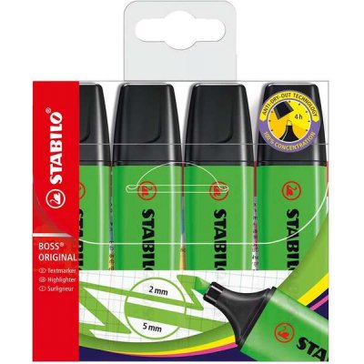 Stabilo Boss 70 Pack de 4 Marcadores Fluorescentes - Trazo entre 2 y 5mm - Recargable - Tinta con Base de Agua - Color Verde