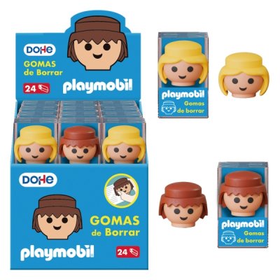Dohe Playmobil Expositor de 24 Gomas de Borrar - Fabricadas en PVC - Con Forma de los Muñecos Playmobil