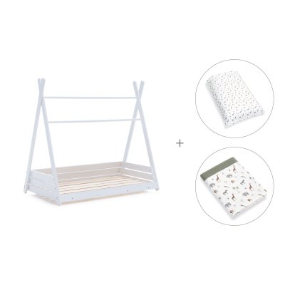 Cama cabaña Montessori blanca 70x140 cm + textil Natura · Homy