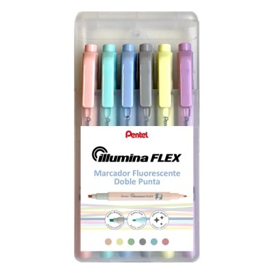 Pentel Illumina Flex Pack de 6 Marcadores Fluorescentes Doble Punta - Biselada Trazo entre 1.5 a 3.5mm - Conica Trazo 1mm - Colores Amarillo, Gris, Melocoton, Violeta, Verde Turquesa y Azul