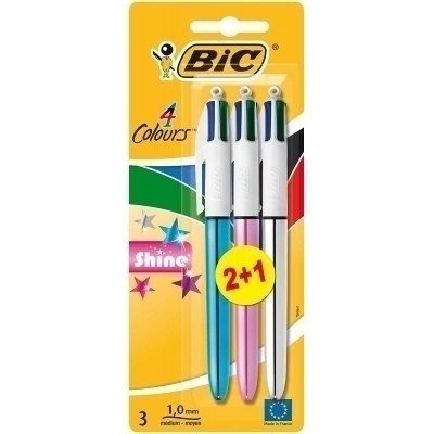 Bic 4 Colours Shine 2+1 Pack de 3 Boligrafos de Bola Retractil - Punta Media de 1.0mm - Tinta con Base de Aceite - Cuerpo de Colores Metalicos Surtidos - 4 Colores