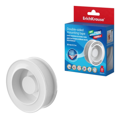 ErichKrause Cinta Adhesiva de Doble Cara - 1mm de Grosor - Soporta hasta 40kg/m2 - 30mm de Ancho - 2 Metros - Alta Adhesion - Resistente al Desgarro Longitudinal - Color Transparente