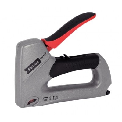 Petrus 295 Top Clavadora/Grapadora Metalica - Para Grapas 530/6 a 14mm y Pins Tipo 8 de 15mm - Ajuste de Potencia - Color Gris/Negro