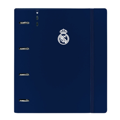 Safta Real Madrid 1ª Equip. 24/25 Carpeta con 4 Anillas 35mm - Tapas de PP Foam - Recambio 100 Hojas - Cierre Elastico - Separadores - Ranura para Boligrafo - 270x40x320mm - Color Azul Marino