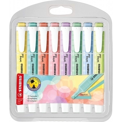 Stabilo Swing Cool Pastel Pack de 8 Marcadores Fluorescentes - Cuerpo Plano - Punta Biselada - Trazo entre 1 y 4mm - Tinta con Base de Agua - Colores Surtidos