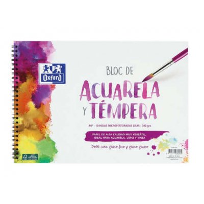 Oxford Bloc de Acuarela y Tempera Escolar Espiral Formato A4+ Liso - 10 Hojas Microperforadas 300gr Color natural - Papel de Doble Cara: Grano Grueso y Grano Fino