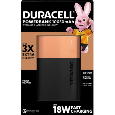 Duracell Bateria Externa/Power Bank 10050mAh PD 18W y QC 3.0 - 1x USB-A, 1x USB-C - Indicadores Led - 2 Dispositivos Simultaneamente