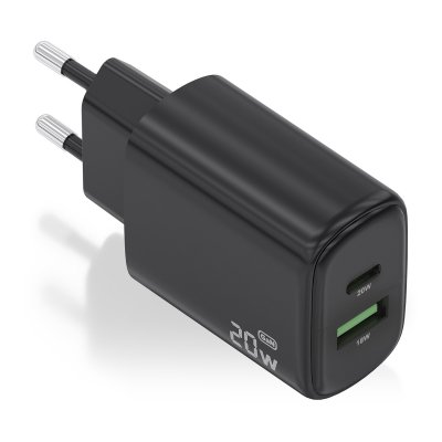 AISENS - CARGADOR GaN 20W, 1xUSB-C PD3.0, 1xUSB-A QC3.0, NEGRO