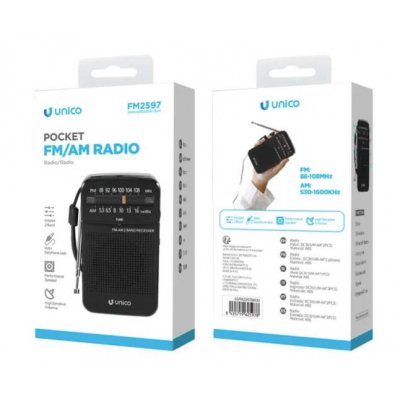 Radio portátil Unico FM2597 - Alimentación DC 3V (2xAA) | Sintonizador FM | Diseño compacto | Color negro