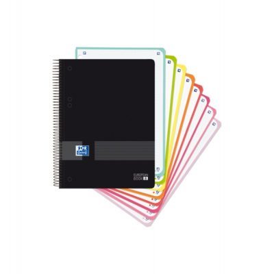 Oxford Europeanbook 8 Live & Go Cuaderno Espiral A5+ 160 Hojas Cuadricula 5x5 - 8 Bandas de Color - Tapa de Plastico Resistente - Color Negro