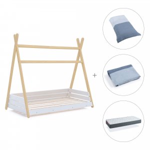 Cama júnior Montessori madera 90x200 cm + colchón + textil Alba Blu · Homy Life XL