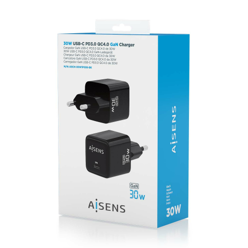 AISENS - CARGADOR GaN 30W, 1xUSB-C PD3.0 QC4.0, NEGRO