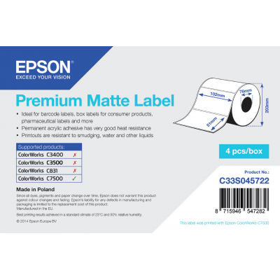 Premium Matte Label - Die-cut Roll: 102mm x 51mm, 2310 labels