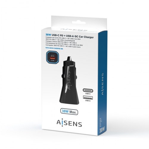 AISENS - CARGADOR DE COCHE 38W,1xUSB-C PD3.0 20W,1xUSB-A QC3.0 18W, NE