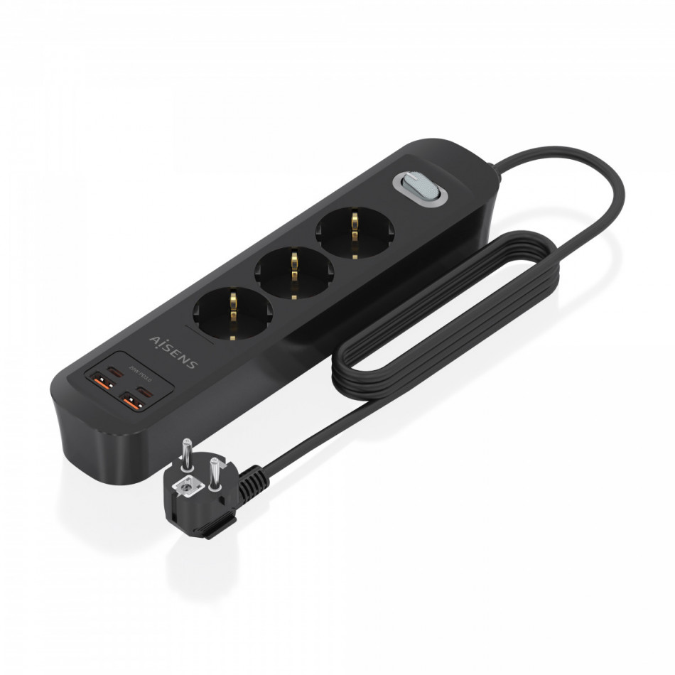 AISENS - REGLETA DE ENCHUFES MULTIFUNCION CON 3 TOMAS + CARGADOR PD3.0 20W 2xUSB-C, 2xUSB-A, 1.4M, NEGRO