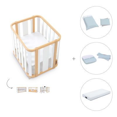 Minicuna-cuna (4en1) madera/blanca + colchón + textil Mint · Crea Plus Tre Life