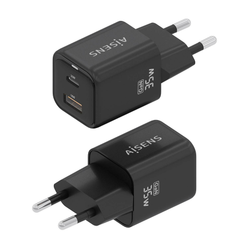 AISENS - CARGADOR GaN 35W, 1xUSB-C PD3.0 QC4.0, 1xUSB-A QC3.0, NEGRO