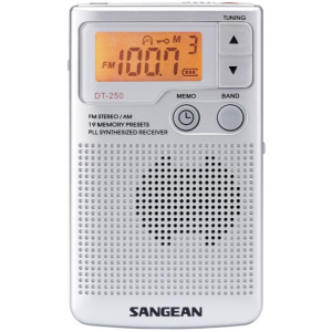 Radio de bolsillo Sangean DT-250, estéreo, FM/AM, pantalla retroiluminada, plata