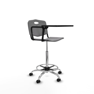 Taburete Robledo giratorio plástico gris claro brazo con pala diestros base cromada ruedas engomadas 50mm