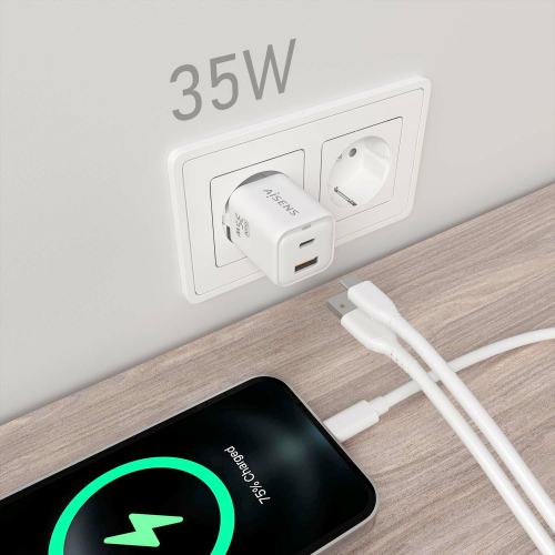 AISENS - CARGADOR GaN 35W, 1xUSB-C PD3.0 QC4.0, 1xUSB-A QC3.0, BLANCO