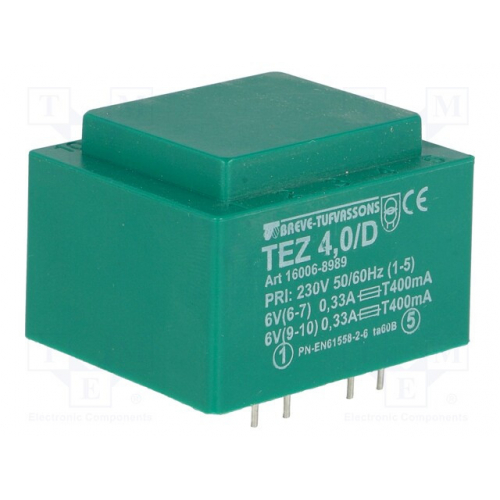 Transformador Encapsulado 6V+6Vac 4VA Entrada 230Vac (TEZ/D/6-6V)
