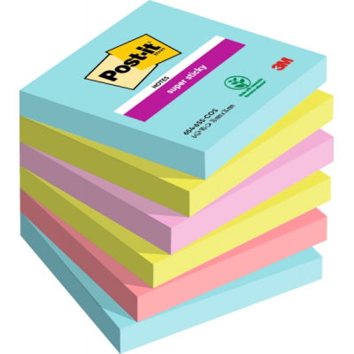 Post-It Super Sticky Pack de 6 Blocs de 90 Notas Adhesivas Reposicionables - Forma Cuadrada - 76x76mm - Colores Surtidos