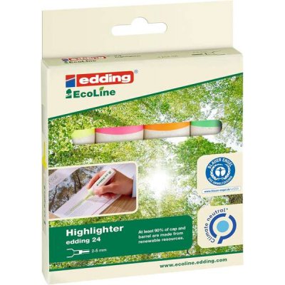 Edding 24 EcoLine Pack de 4 Marcadores Fluorescentes - Punta Biselada - Trazo entre 2-5mm - 90% de Plastico Reciclado - Etiqueta Ecologica Blue Angel - Colores Surtidos