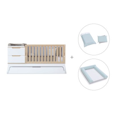 Cuna convertible blanco/madera 70x140 cm con cama nido + textil Mint · Zen K460