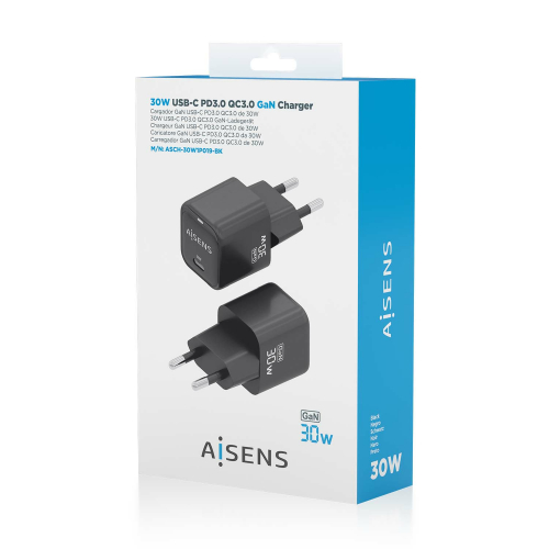 AISENS - CARGADOR GaN 30W, 1xUSB-C PD3.0 QC4.0, NEGRO