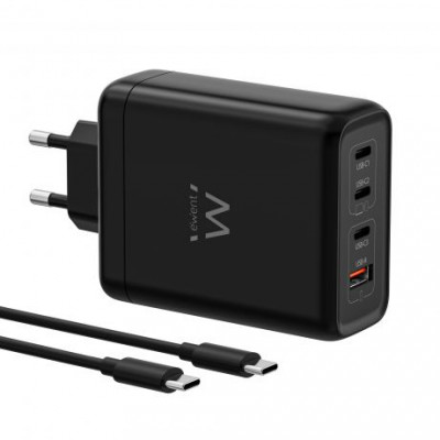 Ewent EW1337 Cargador GAN 140W - 3xUSB-C PD3.1, QC5.0 - 1xUSB-A QC3.0 - Cable 2 Metros - Color Negro