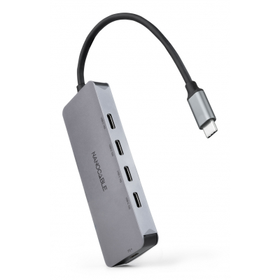 Nanocable - Hub USB-C macho a 4 x USB-C hembra + USB-C PD 100W, Aluminio 10 cm, Gris