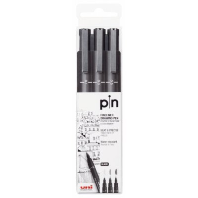 Uni-ball Uni Pin Pack de 3 Rotuladores Calibrados 0.1, 0.3, 0.5 - Punta Poliacetal - Tinta Pigmentada Resistente al Agua y Luz - Ideal para Dibujo Profesional y Escritura - Color Negro