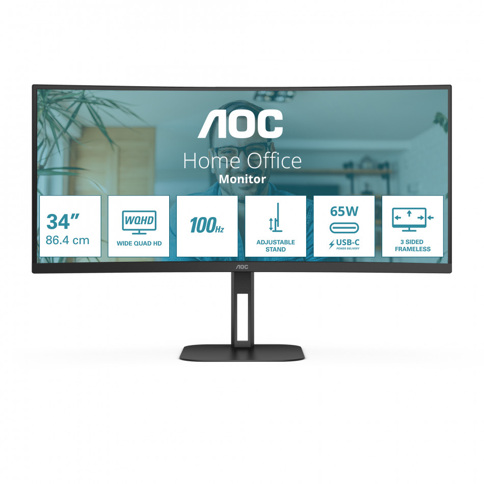 Monitor Profesional Ultraparonámico Curvo AOC CU34V5C/BK 34"/ WQHD/ Multimedia/ Negro