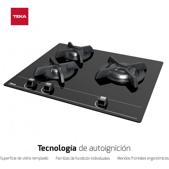 Placa de gas natural Teka GBC 63010 KBN, 3 zonas, Cristal Gas, 6250W, vidrio templado, ref. 112580002, cristal negro - imagen 4