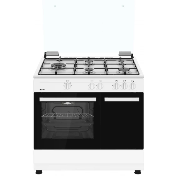 Cocina de gas Artica AKF9060IW, 90 cm, 5 fuegos, Wok 3,6 kW, horno a gas 55 L, FFD, piezoeléctrico, blanco
