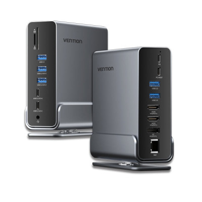 Vention Docking Station 15 en 1 USB-C a DisplayPort/2xHDMI/USB-C 3.2 Gen2/USB-C 3.2 Gen1/2xUSB 3.2 Gen2/USB3.0/2xUSB2.0/RJ45/SD/TF/3.5mm TRRS/PD 100W - Color Gris