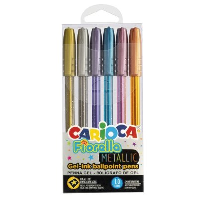 Carioca Fiorella Metallic Pack de 6 Boligrafos de Colores Tinta Gel - Punta de Bola 1mm - Cuerpo Transparente - Colores Metalicos Surtidos