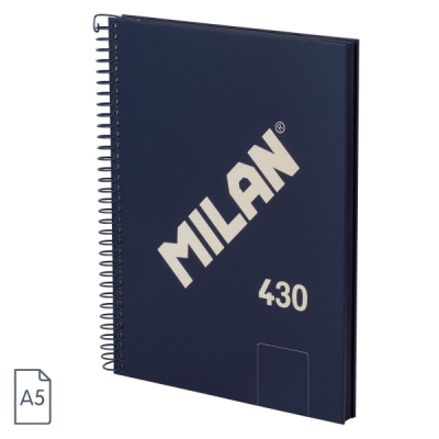 Milan 430 Since 1918 Cuaderno A5 con Espiral - Hojas Blancas - 80 Hojas de 95g - Tapa Dura - Color Azul