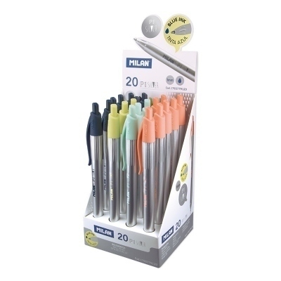 Milan P1 Silver Expositor de 20 Boligrafos de Bola Retractiles - Punta Redonda 1mm - Cuerpo Plateado con Clip de Colores Surtidos - Color de Tinta Azul