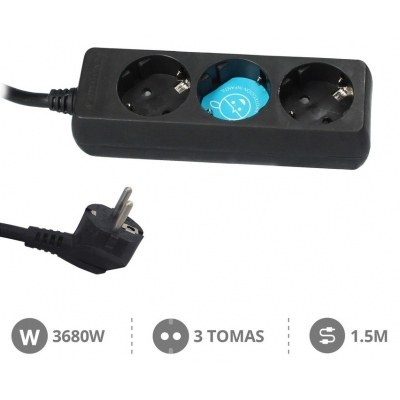 Base Multiple 3 Enchufes Schuko Cable 1,5m NEGRA