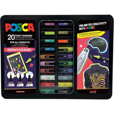 Posca Groovy Colours Maleta Metalica con 20 Marcadores de Pintura - Surtido en Color y Trazo - Punta de Poliester - Tinta Pigmentada Base Agua - Resistente a la Luz - Colores Surtidos
