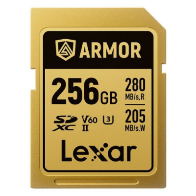LEXAR 256GB PROFESSIONAL ARMOR GOLD SDXC UHS-II CARDS, UP TO 280MB/S READ 210MB/S WRITE C10 V60 U3,STAINLESS STEEL CASING, IP68