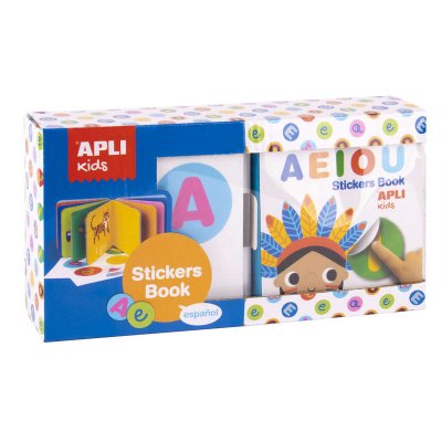 Apli Libro de Pegatinas Vocales Educativo - Tamaño 100x100x40 - 10 Paginas de Carton Rigido de 3mm - 5 Hojas de Gomets Removibles - Diseño Infantil con Ilustraciones Coloridas y Divertidas - Colorido