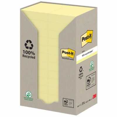 Post-It Pack de 24 Blocs de 100 Notas Adhesivas Recicladas - Forma Rectangular - 51x38mm - Color Amarillo Claro