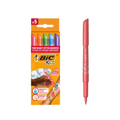 Bic Kids Tatuajes Pack de 5 Rotuladores + 10 Plantillas para Tatuajes Temporales - Tinta Dermatologicamente Testada y Sin Perfume - Colores Surtidos