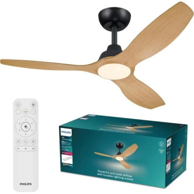 Ventilador de Techo Philips Olas Fan - LED 6500K | Aspas Fijas | 35W+24W | Mando a Distancia | Negro y Madera