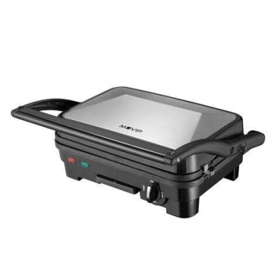 Muvip Sandwichera Inox 1800W - Placas Antiadherentes Reversibles Grill, Lisa - Selector de Temperatura - Placa Superior Basculante - Asas Tacto Frio