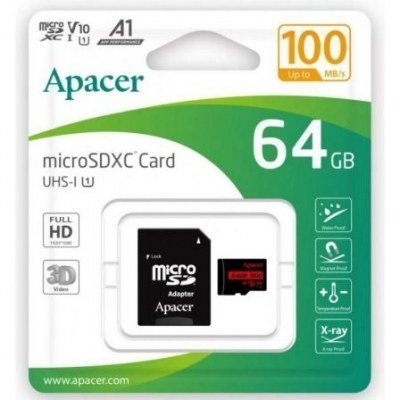 Tarjeta de Memoria MicroSD Apacer 64GB XC UHS 1 con Adaptador/ Clase 10/ 100MBs