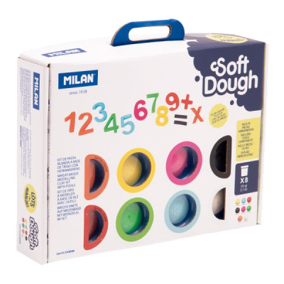 Milan Soft Dough Pack de 8 Botes de Pasta Blanda - Maletin con Herramientas - 59g por Unidad - 100% Vegetal - Moldeable - Sin Residuos - Colores Mezclables - Tematica Numeros