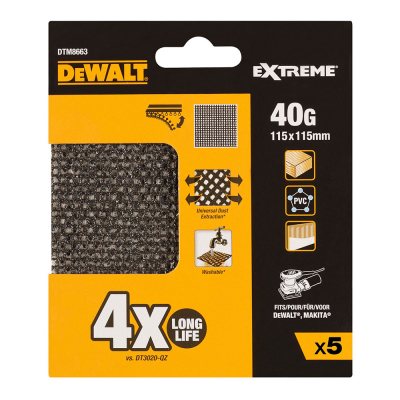 Pack 5 lijas de malla autoadherente 1/4 grano 40 para lijadoras orbitales 115x115mm dtm8663-qz dewalt